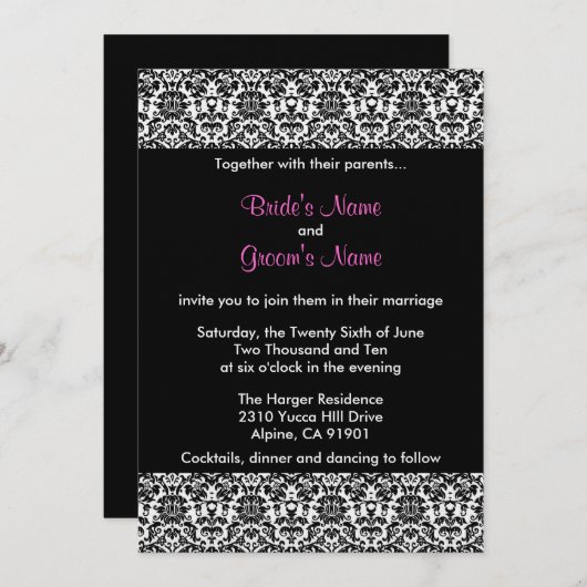 Uitnodiging tot weduwschap tussen zwart/wit en roz (Voorkant / Achterkant)