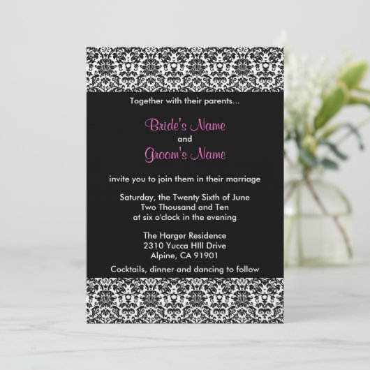 Uitnodiging tot weduwschap tussen zwart/wit en roz (Staand voorkant)