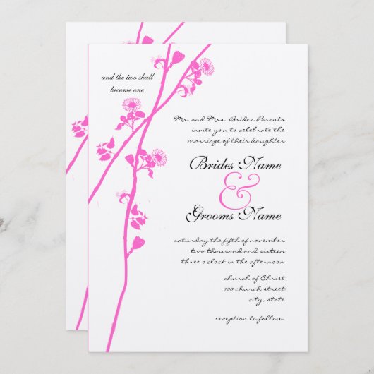 Uitnodiging tot weduwschap van de roze Wild Flower (Voorkant / Achterkant)