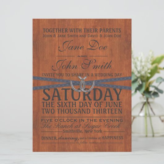 Uitnodiging tot western, hout en lint (Staand voorkant)