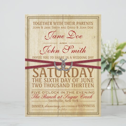 Uitnodiging tot western, hout en rode lintjes (Staand voorkant)