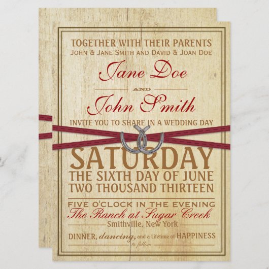 Uitnodiging tot western, hout en rode lintjes (Voorkant / Achterkant)