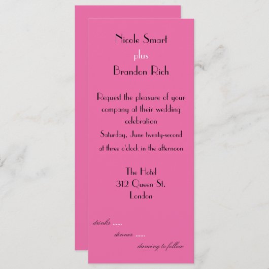 Uitnodiging tot zeer roze bruiloft (Voorkant / Achterkant)