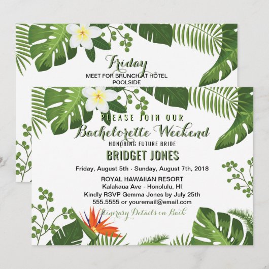 Uitnodiging Tropical Bachelorette Weekend Schedule (Voorkant / Achterkant)