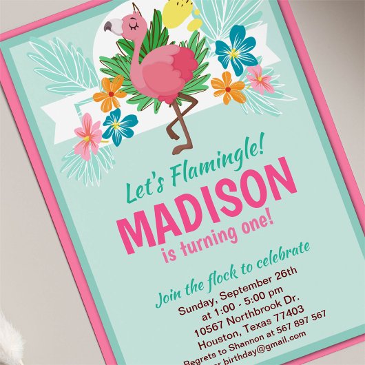 Uitnodiging Tropical Flamingo Birthday Party
