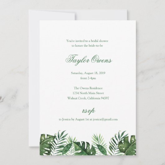 Uitnodiging Tropische palm Leaf Bridal Shower (Voorkant)