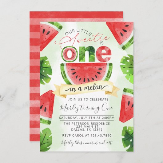 Uitnodiging tropische watermeloen 1e verjaardag va (Voorkant / Achterkant)