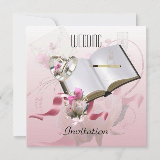 Uitnodiging Trouw Roze Bloem Ringen (Voorkant)