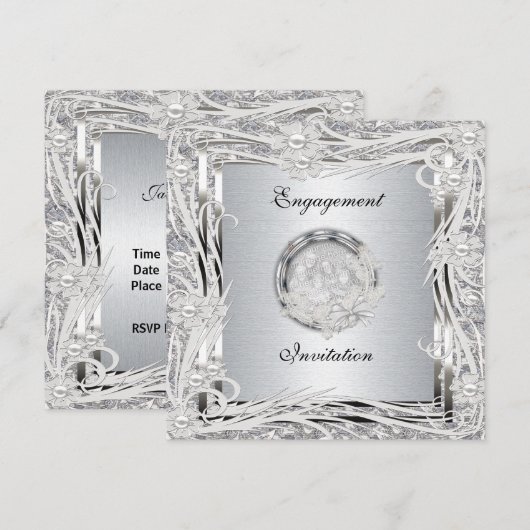 Uitnodiging Trouw Verlovings Zilveren Bloemen Fram (Voorkant / Achterkant)