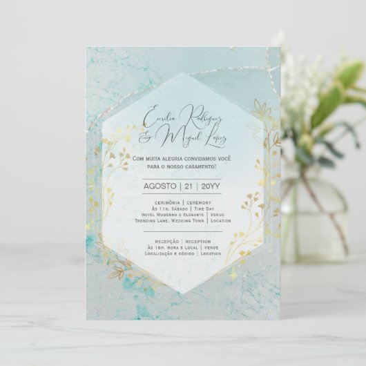Uitnodiging Trouwdag Blauw Turkoois Goud Portugese (Staand voorkant)