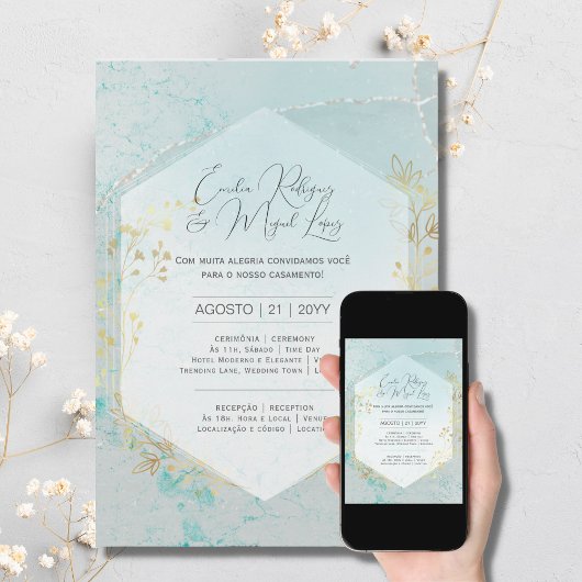 Uitnodiging Trouwdag Blauw Turkoois Goud Portugese