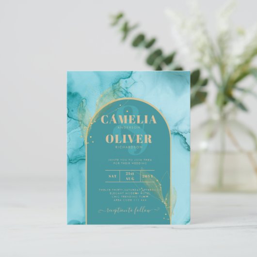 UITNODIGING Trouwfeest Abstract Turquoise Teal Gou (Staand voorkant)