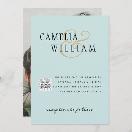 Uitnodiging Trouwfoto's met Zee Glas QR Code Bewaa (Voorkant / Achterkant)