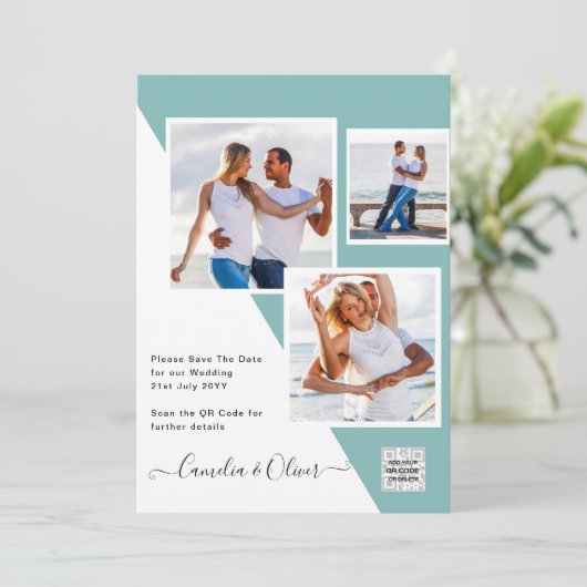 Uitnodiging Trouwfoto's met Zee Glas QR Code Bewaa (Staand voorkant)