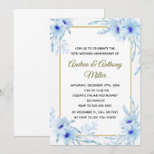 Uitnodiging trouwjubileum bloem blauw goud (Voorkant / Achterkant)