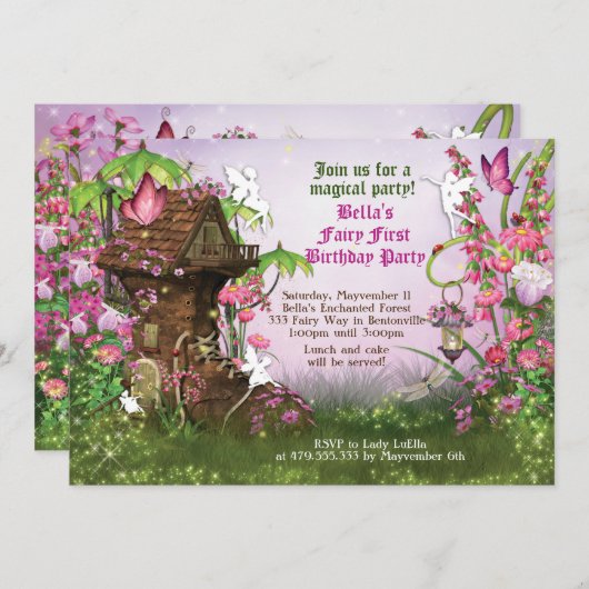 Uitnodiging uit Magical Fairy Land Birthday Party (Voorkant / Achterkant)