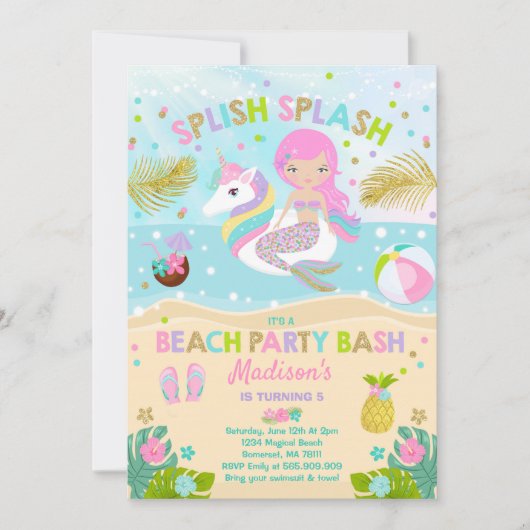 Uitnodiging Unicorn en Mermaid Beach Party (Voorkant)