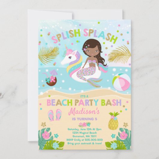 Uitnodiging Unicorn en Mermaid Beach Party (Voorkant)