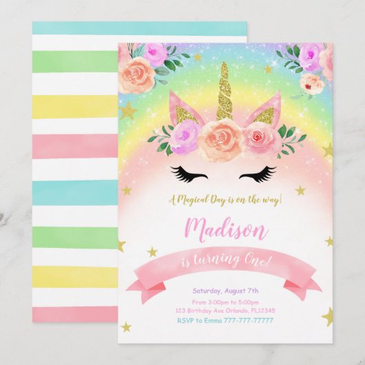 Uitnodiging Unicorn Party (Voorkant / Achterkant)