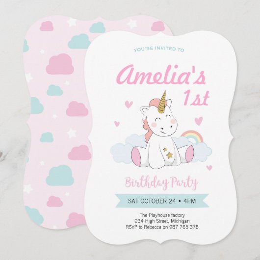 Uitnodiging Unicorn Party, Eerste verjaardag (Voorkant / Achterkant)