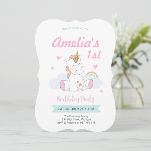 Uitnodiging Unicorn Party, Eerste verjaardag (Staand voorkant)