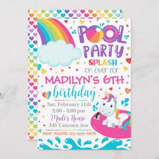 Uitnodiging Unicorn Pool | Pool Party Invite (Voorkant / Achterkant)