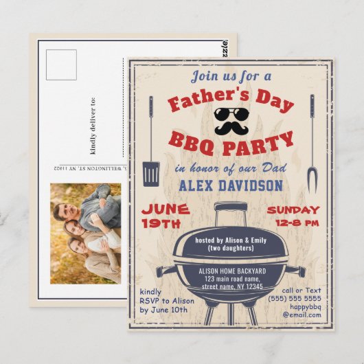 Uitnodiging Vaderdag Foto Vintage BBQ-feest (Voorkant / Achterkant)