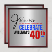 Uitnodiging van 40e verjaardag - Red Silver Blue (Voorkant / Achterkant)