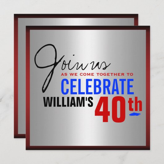 Uitnodiging van 40e verjaardag - Red Silver Blue (Voorkant / Achterkant)