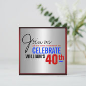 Uitnodiging van 40e verjaardag - Red Silver Blue (Staand voorkant)