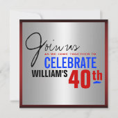 Uitnodiging van 40e verjaardag - Red Silver Blue (Voorkant)