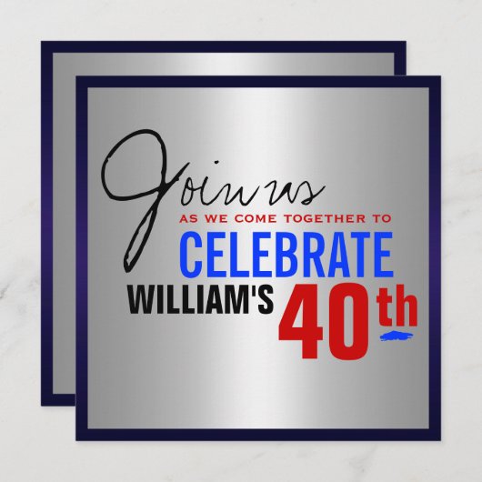 Uitnodiging van 40e verjaardag - Red Silver Blue (Voorkant / Achterkant)