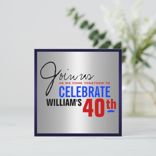 Uitnodiging van 40e verjaardag - Red Silver Blue (Staand voorkant)
