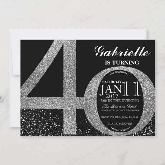 uitnodiging van 40e verjaardag, zwarte en zilvergl (Voorkant)