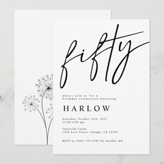 Uitnodiging van 50 zwarte en Witte verjaardag (Voorkant / Achterkant)