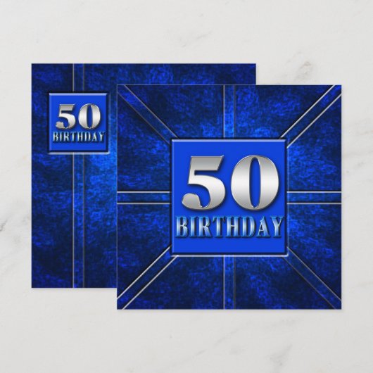 Uitnodiging van 50e verjaardag - Blauw/Zilver (Voorkant / Achterkant)