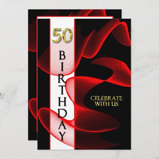 Uitnodiging van 50e verjaardag - Zwart/rood zwenke (Voorkant / Achterkant)
