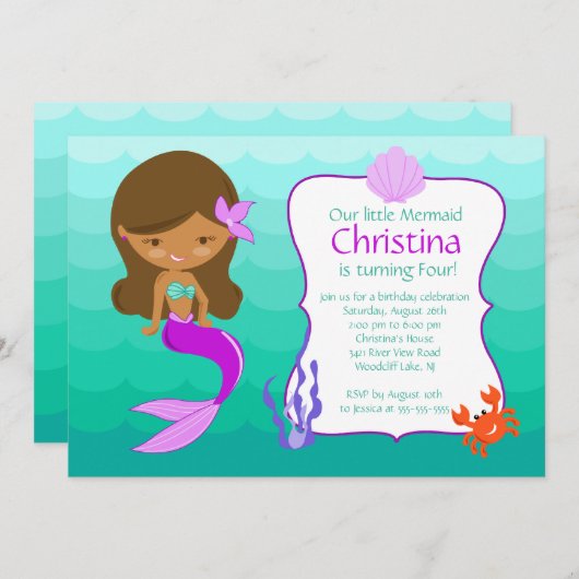 Uitnodiging van Afrikaanse Amerikaanse Zeemeermin (Voorkant / Achterkant)