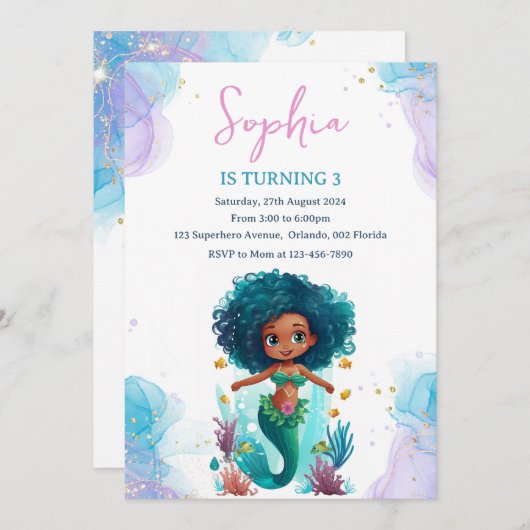 Uitnodiging van Afrikaanse Amerikaanse Zeemeermin (Voorkant / Achterkant)