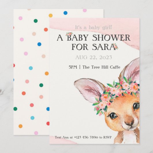 uitnodiging van baby kangaroo voor Baby shower (Voorkant / Achterkant)