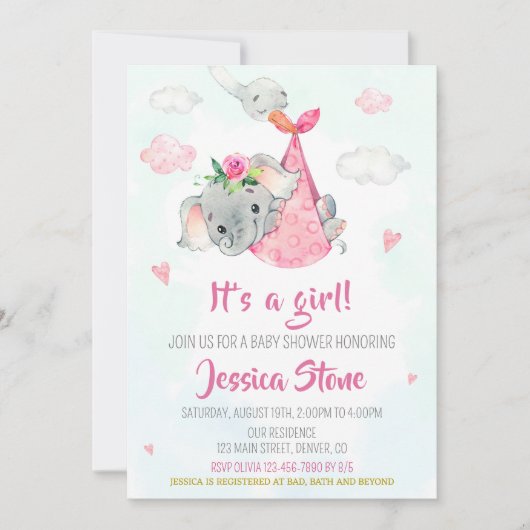 Uitnodiging van Baby-olifant voor baby shower in w (Voorkant)