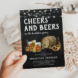 Uitnodiging van bachelorpartij voor Cheers & Beers<br><div class="desc">Rustische bachelor-feestuitnodigingen met een achtergrond van een alkbordeffect,  een selectie van waterverf beers,  pretzel en een biervat,  snaarlichten en een moderne sjabloon van een "kier en bier" die gemakkelijk te personaliseren is.</div>