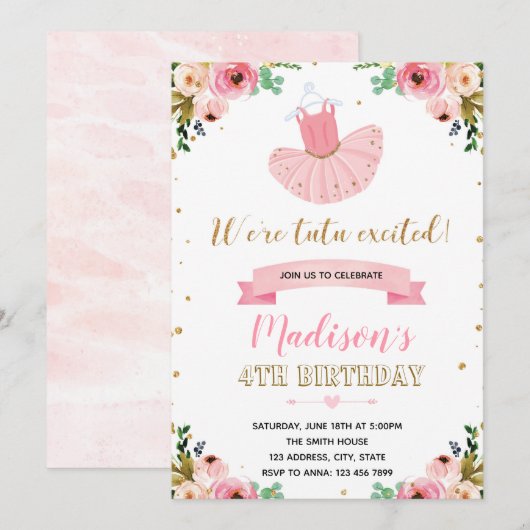 uitnodiging van Ballerina-partij (Voorkant / Achterkant)