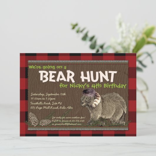 Uitnodiging van beer Hunt Adventure Party (Staand voorkant)