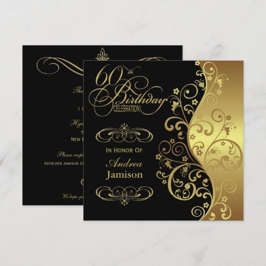 Uitnodiging van Black and Gold 60th Birthday Party (Voorkant / Achterkant)