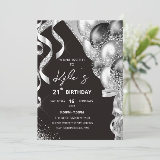 Uitnodiging van Black and Silver Birthday Party (Staand voorkant)