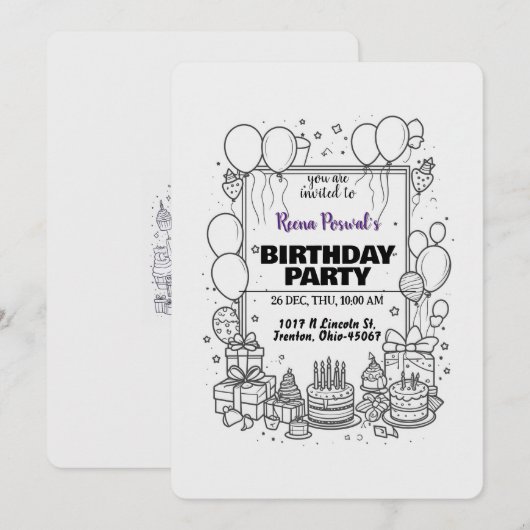 Uitnodiging van Black and White Birthday Party (Voorkant / Achterkant)