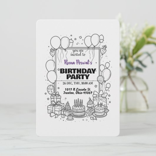 Uitnodiging van Black and White Birthday Party (Staand voorkant)