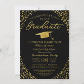 Uitnodiging van Black Gold Confetti Graduation Par (Voorkant)