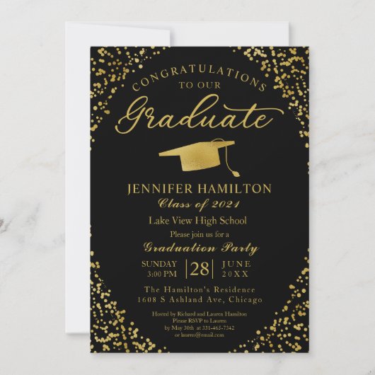 Uitnodiging van Black Gold Confetti Graduation Par (Voorkant)